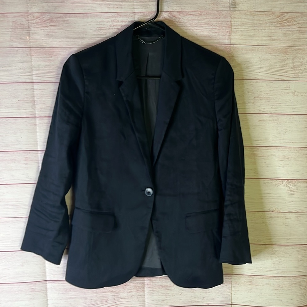 Jigsaw Navy Blue Linen Blend One Button Pocketed Blazer Jacket Size 4